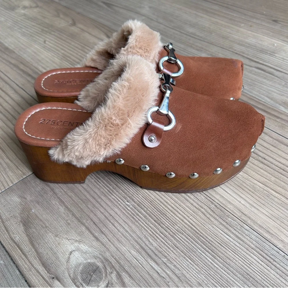 275 Central Faux-Fur Trim Brown Platform Clog Mule. Made in Italy size 38 - Picture 2 of 7
